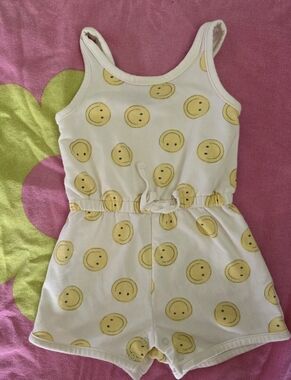 Grayson Mini French Terry Smiley Romper White & Yellow Cotton Summer One Piece